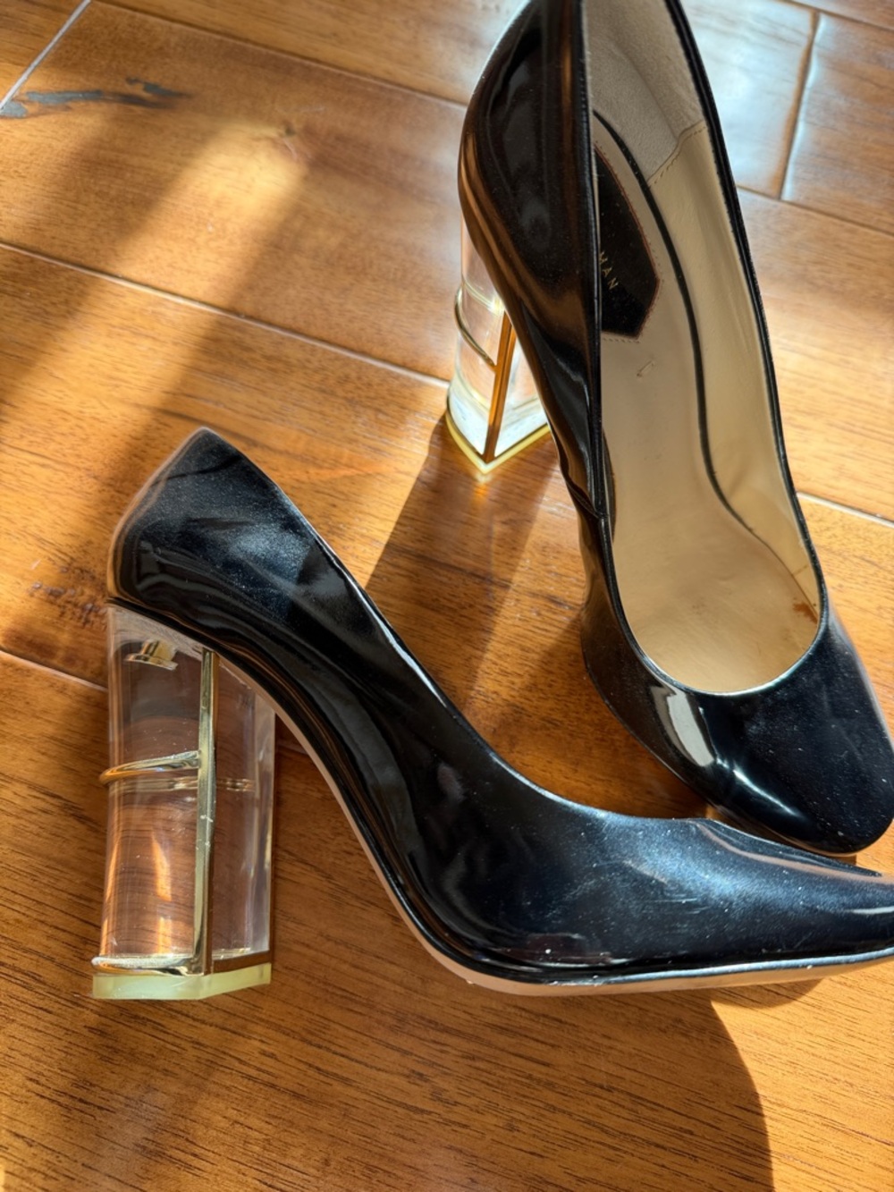 Zara Black Patent Pumps with Clear Block Heel and Gold Trim